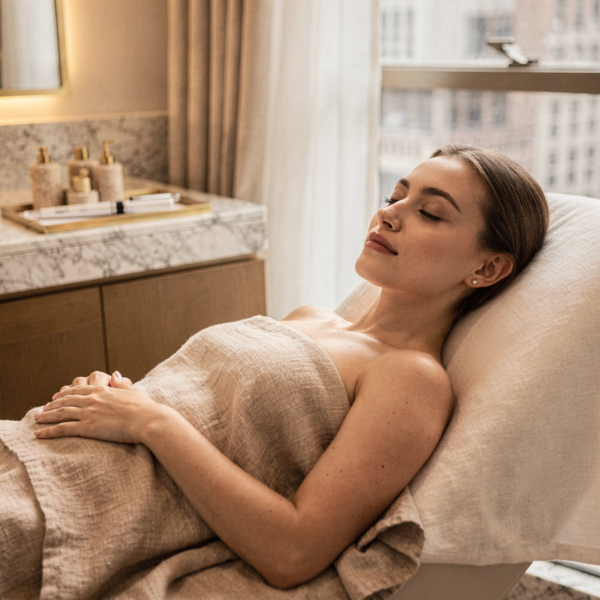 Patient relaxing in a treatment room during a microneedling consultation at Natural Beauty Fifth Avenue